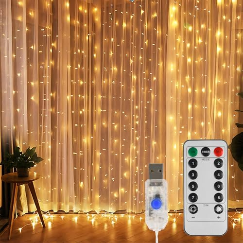 SENTAIMAO Curtain Fairy Lights, 3m x 3m 300leds USB Operated 8 Modes String Light Indoor Outdoor Waterproof Hanging Window Lights with Hooks for Christmas, Wedding, Party,Wall, Home Decorations