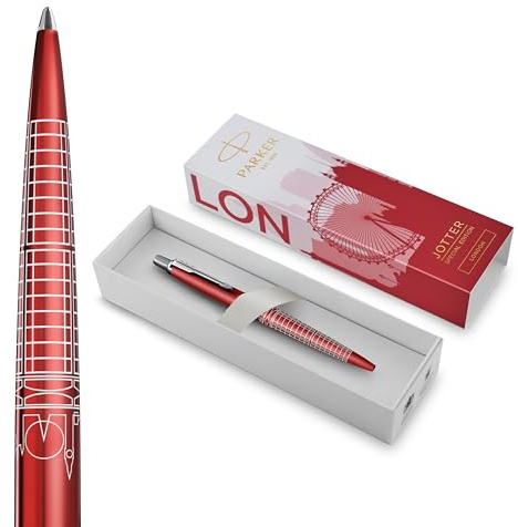 Parker Jotter Stylo bille | Édition spéciale | Rouge Londres avec finition chrome | Pointe moyenne | Encre bleue | Coffret cadeau géométrique