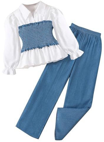 Generisch Tuta da ginnastica per bambini e bambine, set di tuta sportiva da ragazza, alla moda, in denim, a maniche lunghe, tinta unita, casual, larga, pantaloni