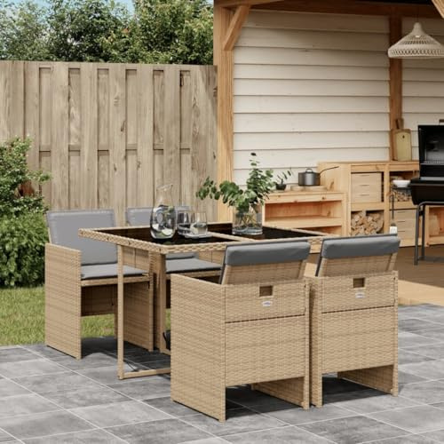 Frdhee Juego de muebles de jardín de invierno, 5 piezas, conjunto de comedor de jardín con cojines mezclados de ratán de polirratán, grupo de asientos para terraza, porche y patio trasero