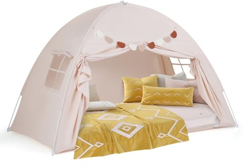 COSTWAY Kids Bed Tent, Children Play Tents with Flags, Windows, Indoor Toddler Bed Canopy Playhouse for Boys Girls (Beige)