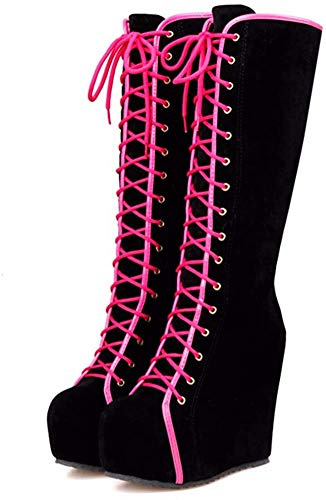 Aobaoya Women Platform Knee High Boots Round Toe Lace Up Hidden High Heels Winter Wedges Boot size 9