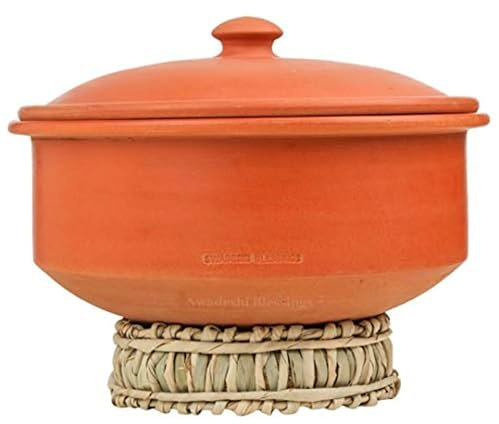 Swadeshi Blessings HandMade Exclusive Range Unglazed Earthen Kadai/Mud Handi/Mitti Ke Bartan/Clay Pot for Cooking & Serving with Lid(with Mirror Shine) + Free Palm Leaf Stand (3 Litres)