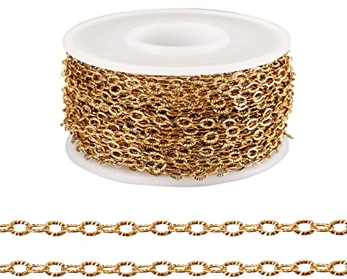 Fashewelry, Rotolo da 10 metri di catena forzatina testurizzata in acciaio inossidabile dorato, con maglie da 3,5 x 2,5 x 0,4 mm, per la creazione di gioielli, collane e accessori fai da te