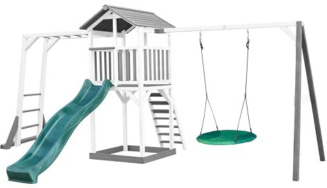 AXI Beach Tower parco giochi in legno in grigio e bianco | Torre di gioco con sabbiera, struttura per arrampicarsi, altalena a nido e scivolo verde | Casa per bambini su palafitte per il giardino