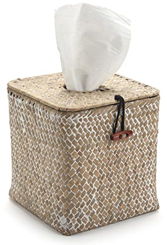 Kosmetiktücher Box Quadratisch aus Seegras Taschentücherbox Natur für Zuhause/Büro/Auto (Weiß, 14x14x14cm)
