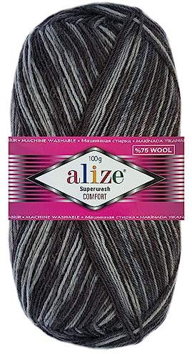 100 Gramm Alize Sockenwolle Superwash Comfort Color Farbig 4fädig 7676 Grau Mix