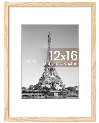 upsimples 12x16 Picture Frame, Display Pictures 8.5x11 with Mat or 12 x 16 Without, Wall Hanging Poster Frames, Natural, 1 Pack