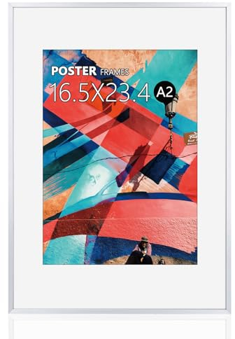 HOHIYO Bilderrahmen A2(42x59,4 cm)，Silber Aluminium Dünner Posterrahmen Puzzlerahmen mit Papier-Passepartout A3(29,7x42 cm) und bruchsicherem Plexi-Glas,Poster Rahmen zum Aufhängen