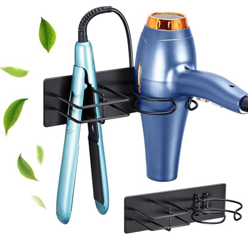 LOXSUN Porta Phon e Piastra Nero, Porta Asciugacapelli Senza Foratura, Porta Piastra per Capelli, Acciaio Inossidabile Supporto Phon, Porta Phon da Muro Adesivo per Camere da Letto Toilette