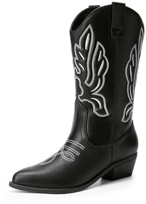 DREAM PAIRS Cowgirl-stövlar för kvinnor, vattentäta stövlar i mitten av vaden, bekväma och fashionabla cowgirlstövlar, broderi, sydda västerländska stövlar för fest och utklädning, Svart Pu, 37 EU