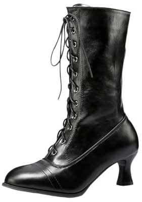Tinetill Stivaletti Donna Vittoriani Punk Gotici in Pelle PU a Mezza Gamba Vintage a Punta Con Tacco Basso per Costumi da Festa Boot Con Zip