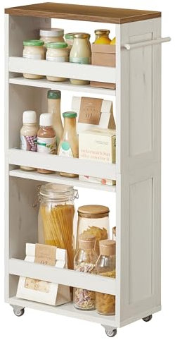 VASAGLE 4-Tier Slim Storage Trolley, Kitchen Trolley with Wheels, Handle, Small Space, 20 x 43.2 x 86.5 cm, Bathroom, Laundry Room, Rustic White and Honey Brown LRC051K01