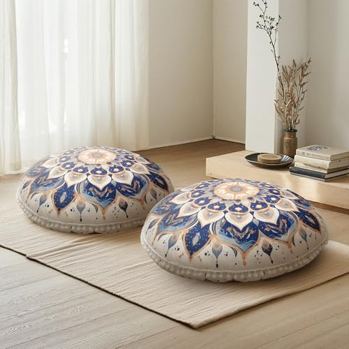 DAWNYIELD 2 Pack Meditation Floor Cushion, Round Floor Pillow with Removable Cover, 80cm Large Ergonomic Yoga Floor Cushion with Pom-Pom Accents, Decorative Pillows Indoor/Outdoor Use, Navy Blue