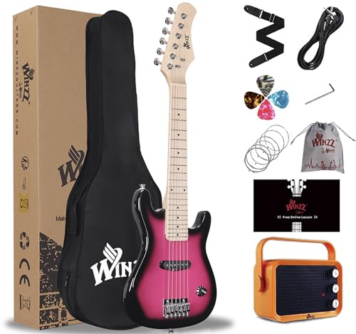 WINZZ EGM100 - Guitarra eléctrica real para niños de 30 pulgadas con kit para principiantes, diestros (Roseburst)