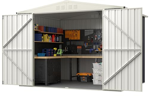 COSTWAY Caseta Jardin Exterior, 246 x 193 x 180 cm, Cobertizo de Almacenamiento Exterior de Metal, Cobertizo de Herramientas Utilitarias con Puerta Cerrada, Techo Inclinado