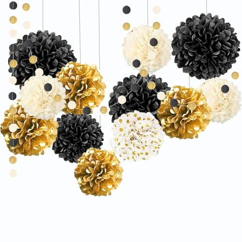 ROEOWENE 15PC Fiori di Carta per Decorazioni Pon Pon Carta Velina Pom Pom Decorativi da Appendere Ventaglio Palla Fiori Giganti per Allestimenti per Compleanno,Matrimonio,Battesimo,Festa-Nero Oro