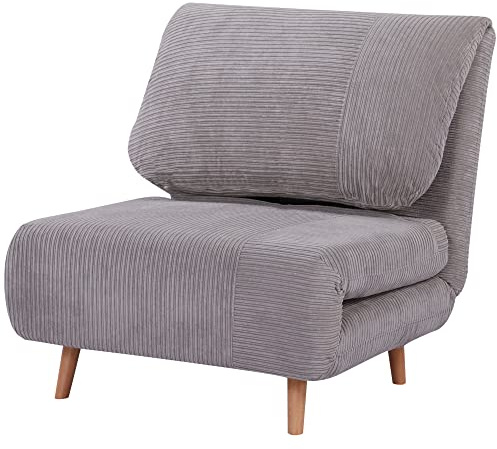 HOMCOM Poltrona Letto 2 in 1 Singola Schienale Regolabile 180° su 3 Livelli con Seduta Extra-Large, Poltrona Letto Imbottita Pieghevole in Tessuto Effetto Velluto con Struttura in Legno, Grigio
