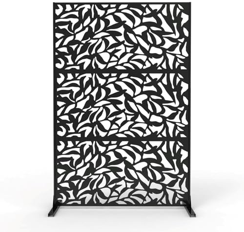 Metal Privacy Screen Outdoor 72 H x 47 W, Black Privacy Fence Panels with Leaf Shaped Design, Freestanding Metal Panel Divider for Patio, Garden Balcony, Yard, Deck and Pool Area