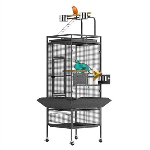 61 Large Bird Cage, Metal Parrot Cage with Play Top, Rolling Stand & Bowls - Bird Aviary for Macaws, Cockatoos, Conures, Black