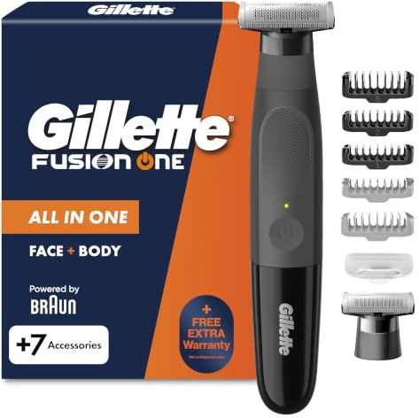 Gillette Fusion One Face and Body Electric Beard Trimmer Men with One Blade | One Blade Razor for Face & Body, Precision Trimmer, Wet & Dry, Cordless, Waterproof, Protective Cap, UK 2 Pin Plug
