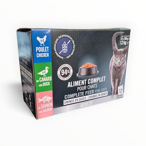 Emincé en Sauce - Nourriture Humide Chat Adulte sans céréales, pâtée Riche en Viande 94% Origine Animale, Pack 12 sachets 100 g Poulet Canard Saumon, Alimentation complète et appétente