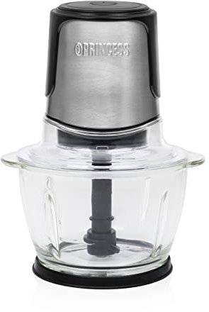 Princess 221051 Picadora eléctrica de alimentos, 2 cuchillas de acero inoxidable, Bol de cristal con indicador de nivel de 1 L, picadora de cocina para carne, verdura, fruta y hielo, 300 W