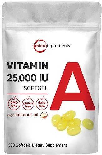 Maximum Strength Vitamin A 25000 IU | 500 Softgels with Coconut Oil for Better Absorption | Essential Vitamins | Non-GMO, Easy to Swallow