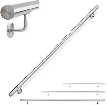 Relaxdays Main Courante, INOX 304, rambarde escalier Ronde, intérieur&extérieur, 200 cm, Ø 42 mm, avec Fixation, argenté