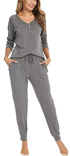 Vlazom Pyjamas Set for Women, Soft Two Pieces Pjs Sets Long Sleeve Button Down Tops and Pants Sleepwear with Pockets, A-Charcoal,S