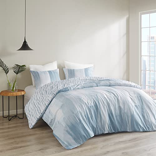 N Natori Brush Stroke Reversible Duvet Set Abstract Styling, Embossed Seersucker Design, All Season, Breathable Oversized Comforter Cover Bedding, Shams, Full/Queen(92x96) Blue 4 Piece