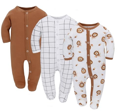 Miracle Baby 3 pièces bébé Barboteuses bébé Pyjama Sac de Couchage en Coton avec Pieds avec Boutons GR. 56 62 68 pour Nouveau-né Filles Garçon (68, Lion)
