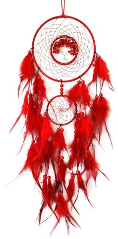 Donko Red Dream Catcher Wall Decor Crystal Tree of Life Dream Catchers Handmade Feather Dreamcatcher Wall Hanging Ornament for Bedroom Living Room Home Decor