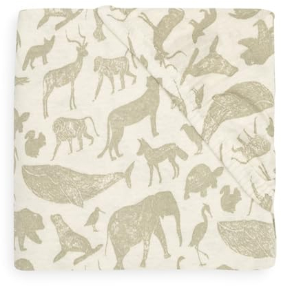 Jollein Spannbettlaken Jersey - Animals, Olive Green - 70x140cm - 100% Baumwolle - Spannbetttuch - Tier Print, Olivgrün