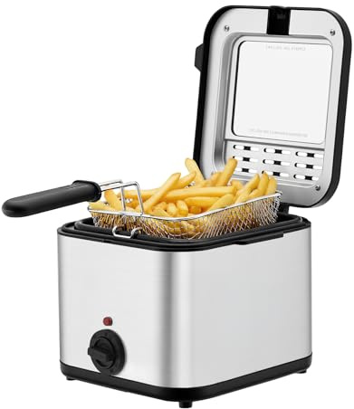 HinLIaDa Electric Deep Fryer With Basket, 1000W Stainless Steel Deep Fryer, Home Countertop Small Fryer, 2.5 L Oil Capacity, w/View Window, Oil Dripping Hook & Adjustable Temp Control, Silver