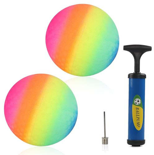 Lonimia Palla arcobaleno in PVC – Bouncy Kickball, calcio, softball, multicolore per bambini, per interni ed esterni, con pompa (2)