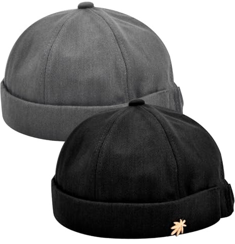 2 PCS Mens Docker Hat, Quality Cotton Adjustable Summer Brimless Docker Hat, Breathable Sweat-Wicking Unisex Docker Hat for Shopping Fishing Walking and Other Outdoor Activities, Black, Grey