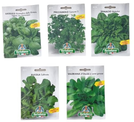 L'ORTOLANO-OFFERTA-5 BUSTE Di Semi Da Piantare-Basilico, Prezzemolo, Rucola, Spinacio, Valeriana. Sementi Selezionate e di Alta Qualità. Buste Termosaldate.