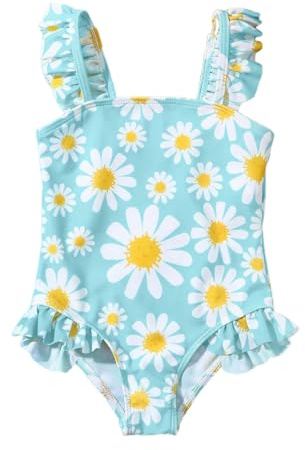 JiAmy Maillots De Bain Une Pièce pour Fillettes À Volants Fleuris sans Manches Maillot De Bain pour Enfants Adorable Costume De Baignade D'Été pour 2-3 Ans, Bleu