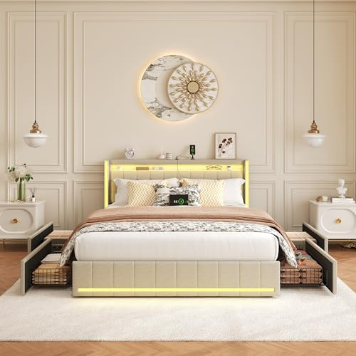 lit Coffre 140x200 avec Sommier, Lit Double, 4 Tiroirs, LED, 2 USB Type-C, Éclairage LED, Lit 2 Personnes pour Adultes et Adolescents, Lin