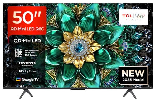 TCL 50Q6C QD-Mini LED TV, 4K HDR Premium 1000nits, Smart TV alimenté par Google (Dolby Vision IQ et Atmos, système Audio Onkyo 2.1, Motion Clarity Pro 144Hz, Game Master, contrôle Vocal Mains Libres)