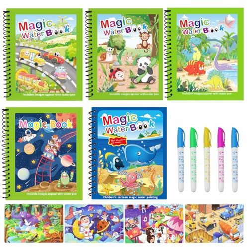 5 Pieces Magic Water Colouring Books and 4 Puzzles Wooden Jigsaw Puzzles, Reusable Magic Colouring Book with 5 Pieces Water Pen, Animal Painting Books for Kids 3 4 5 6 Year Old Boys Girls
