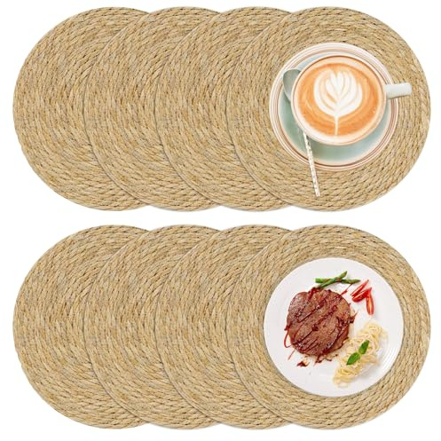 Pilikoll 8 Pezzi 30cm Set da Tavola Rotondo Tovagliette Rotonde in Cattail Sottopiatti Vimini Rattan Tovagliette in Giacinto d'acqua Tovagliette Rotonde in Rattan per Tavolo da Pranzo, Cucina o Festa