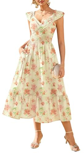 GRACE KARIN Womens Floral Summer Dress Pockets, V-Neck Ruffled Sleeves Smocked A-Line Dresses for Women UK, Wedding Guest Holiday Dresses Boho Beach Beige-Orange Floral M