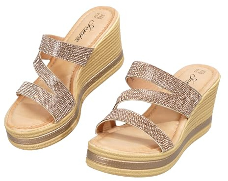 JOMIX Sandales Femme Compensées à Paillettes Claquettes à Strass Chaussures D'été à Talon épais Confortables WWC260340 (Or, 39)