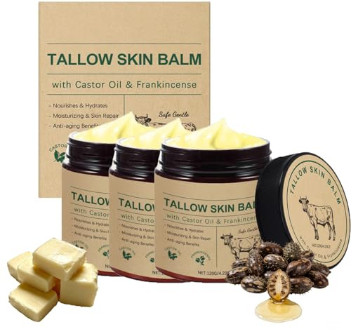 Talg ricinolja rökelseolja grädde, 120 g biff tallow cream, vispad nötkötttalgkräm gjord av gräsFed Tallow, fuktkräm för ansikte och kropp för känslig och torr hud (3 st)