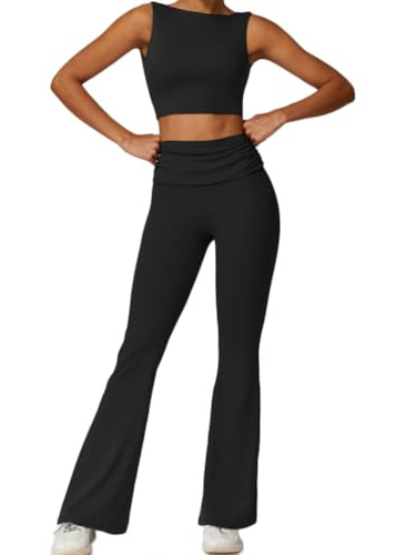 Lätt och andningsbar träningstopp för kvinnor & vidbyxa med V-linje i midjan och formande rumpa(Size:M,Color:Black)