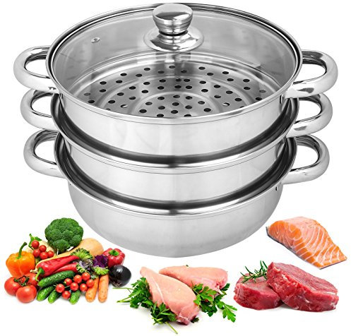 25cm Steamer Cooker Pot Set Pan Cook Healthy Food Preparation Glass Lids 3 Tier Layer Stainless Steel Home Kitchen