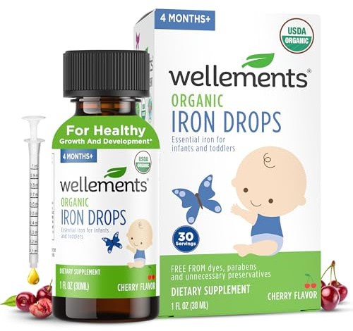 Wellements Organic Iron Drops for Newborn+ Babies (1 Fl Oz) - Cherry Flavor Liquid Iron Supplement for Infants - Toddler Iron Supplement for Kids (4months+ to 3 Years) - Supports Growth & Development*