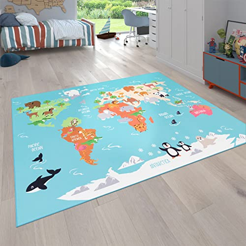 Paco Home Tappeto per bambini, Tappeto da gioco per le camere dei bambini, Mappa del mondo con animali, In verde, Dimensione:80x150 cm